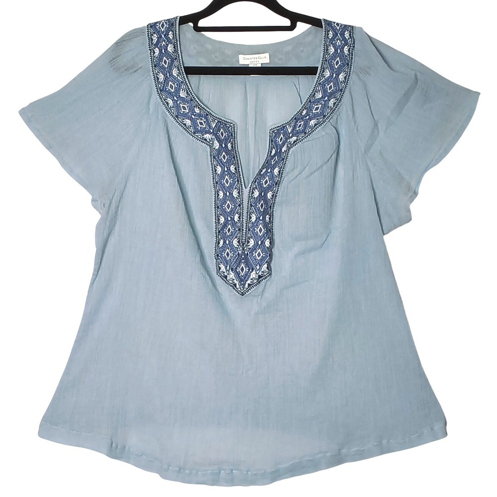 Charter Club Blouse Women 20W‎ Light Blue Gauzy Embroidered Short Sleeve